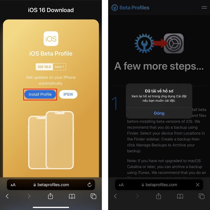 Truy cập vào trang Beta Profile, chọn Install Profile iOS 16 Beta 1